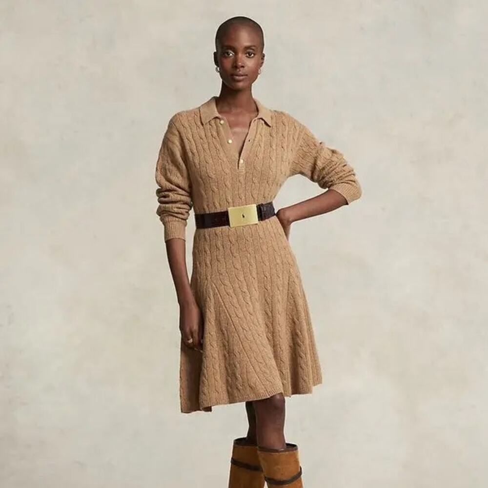 Polo Ralph Lauren Camel Cable Knit Wool Cashmere Sweater Dress